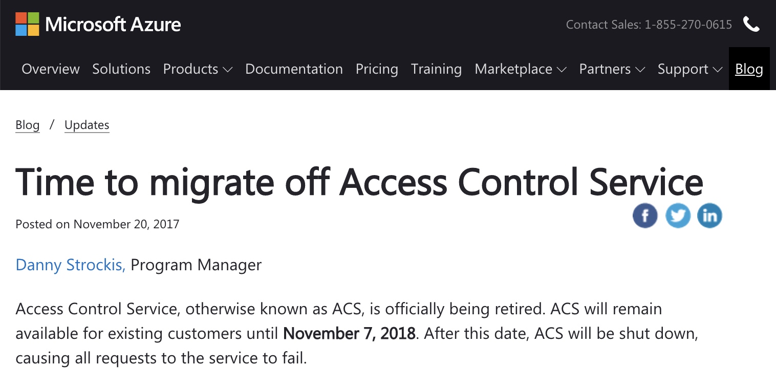 Azure Access Control Service Migration Notice (2017)